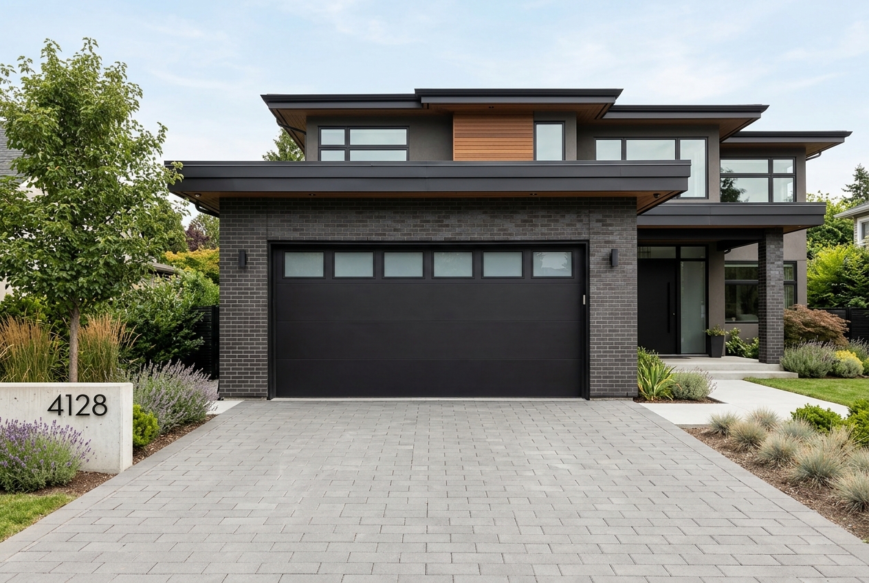 Wide modern black garage door with frosted windows on a dark-brick home