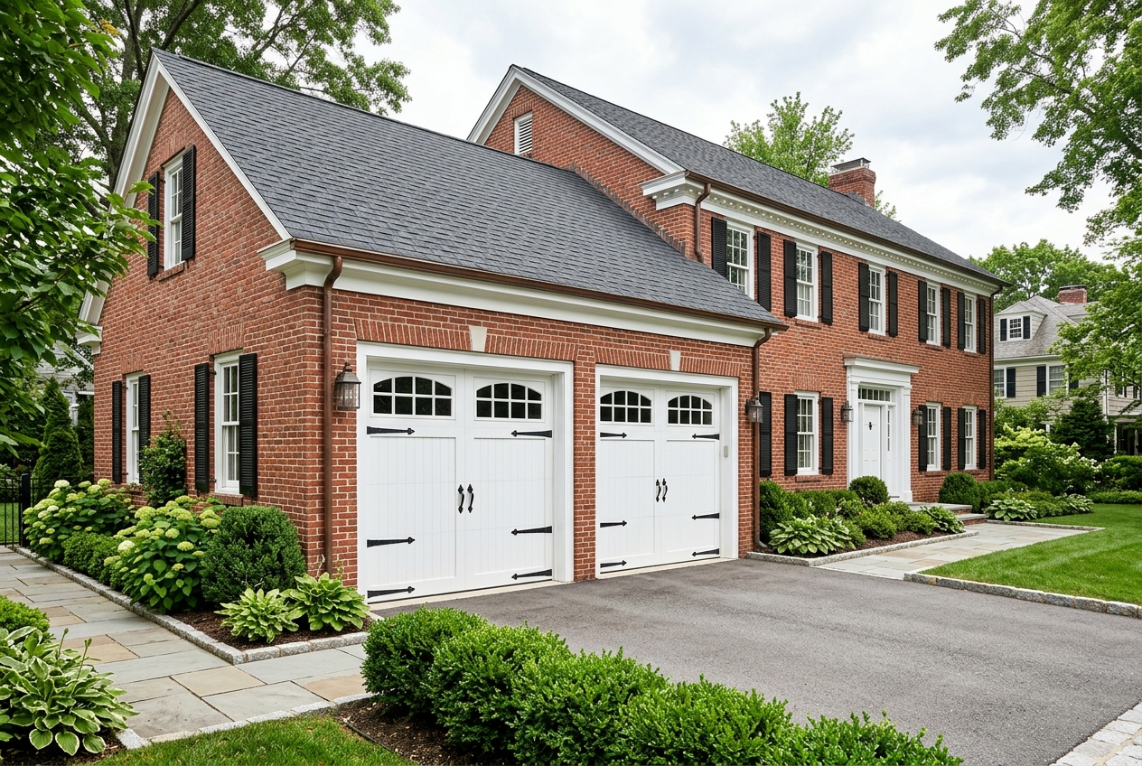 White carriage-house garage doors with black hardware on a brick colonial
