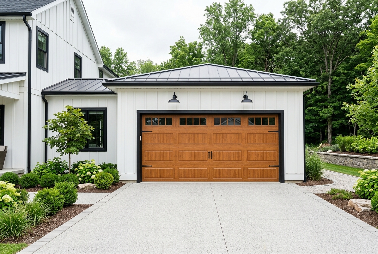 Wood-look sectional garage door on a modern farmhouse