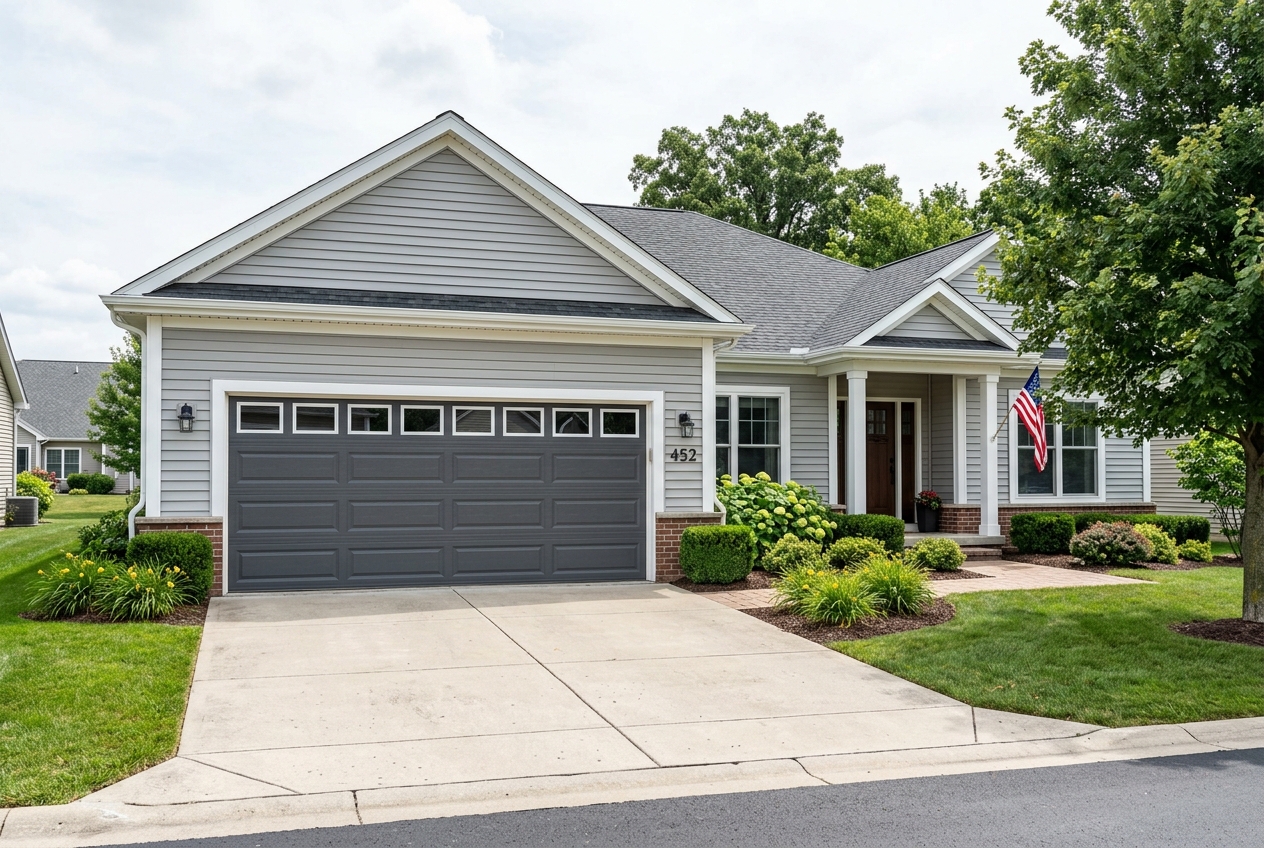 Charcoal raised-panel garage door with a window row on a ranch home