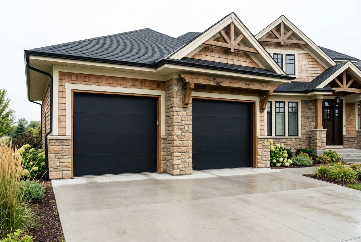 Twin black garage doors on a craftsman home with stone accents
