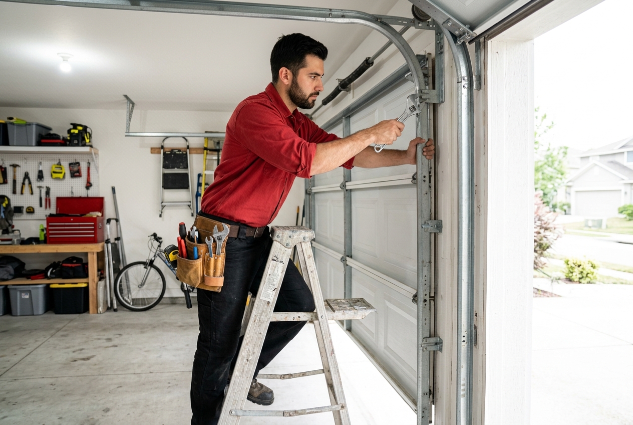 Technician repairing a residential garage door track