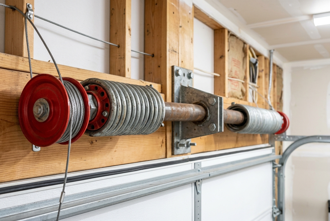 Garage door torsion springs and red cable drums above the door