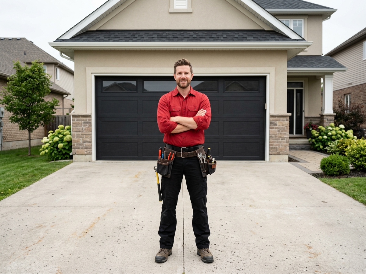 AR Garage Doors technician in a red work shirt in front of a black garage door